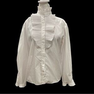 VINTAGE M union made high ruffle button up with ruffle cuffs Swiss dot blouse